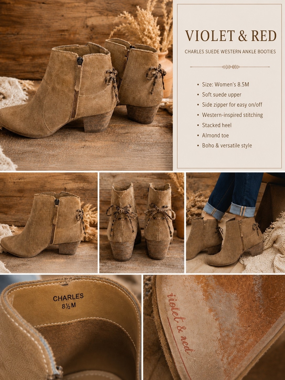 Viloet & Red Real Suede Western Ankle Booties - Almond/Tan